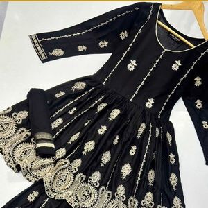 Black beige sharaara in linen embroidered